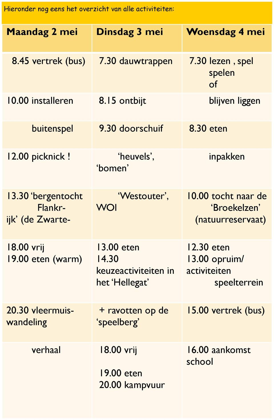 30 bergentocht Flankrijk (de Zwarte- Westouter, WOI 10.00 tocht naar de Broekelzen (natuurreservaat) 18.00 vrij 19.00 eten (warm) 13.00 eten 14.