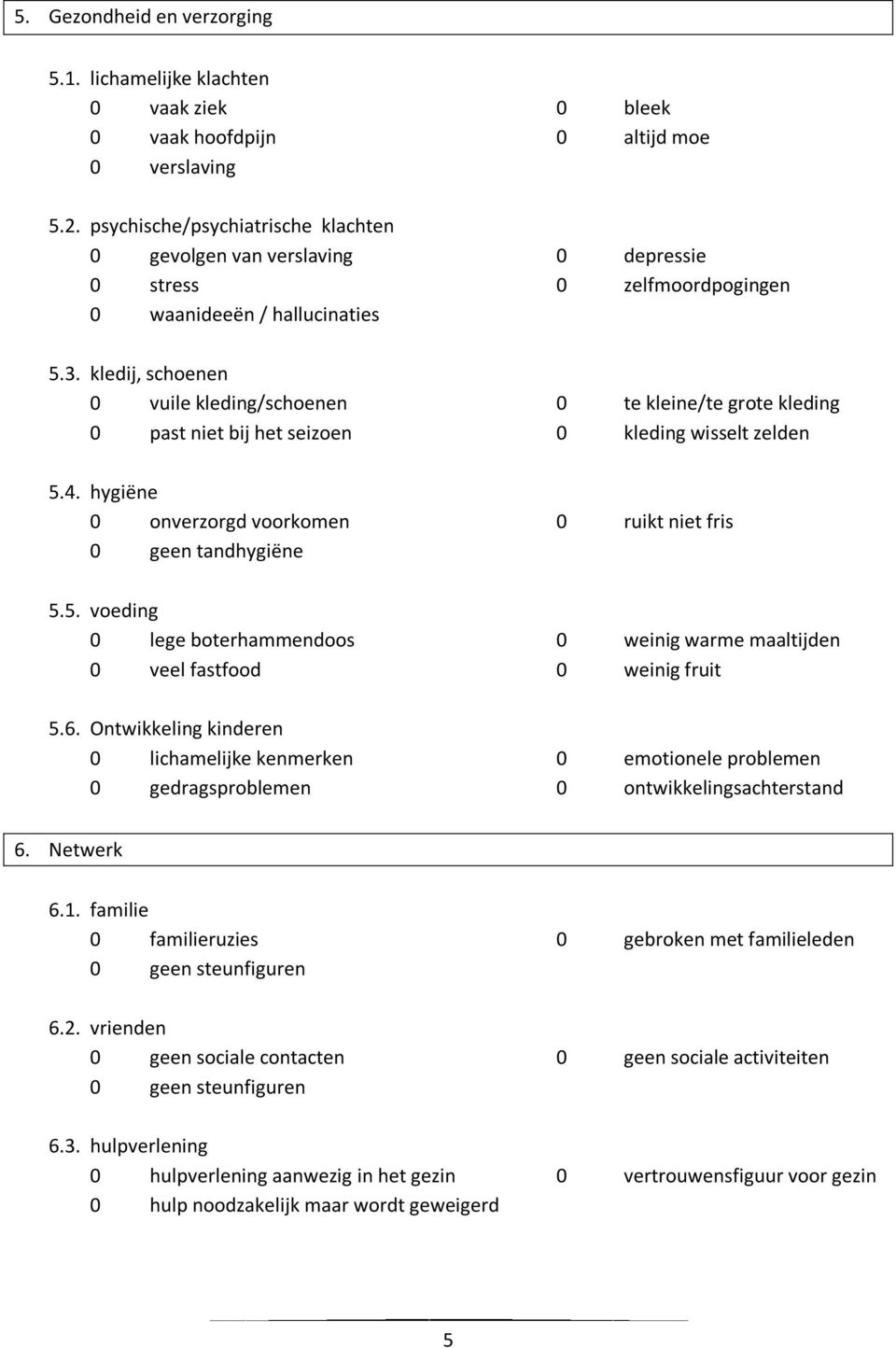 kledij, schoenen 0 vuile kleding/schoenen 0 te kleine/te grote kleding 0 past niet bij het seizoen 0 kleding wisselt zelden 5.4. hygiëne 0 onverzorgd voorkomen 0 ruikt niet fris 0 geen tandhygiëne 5.