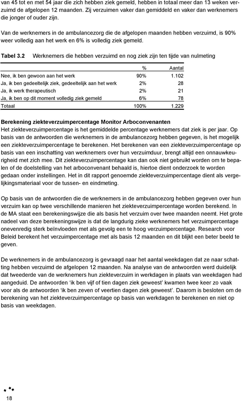 Van de werknemers in de ambulancezorg die de afgelopen maanden hebben verzuimd, is 90% weer volledig aan het werk en 6% is volledig ziek gemeld. Tabel 3.