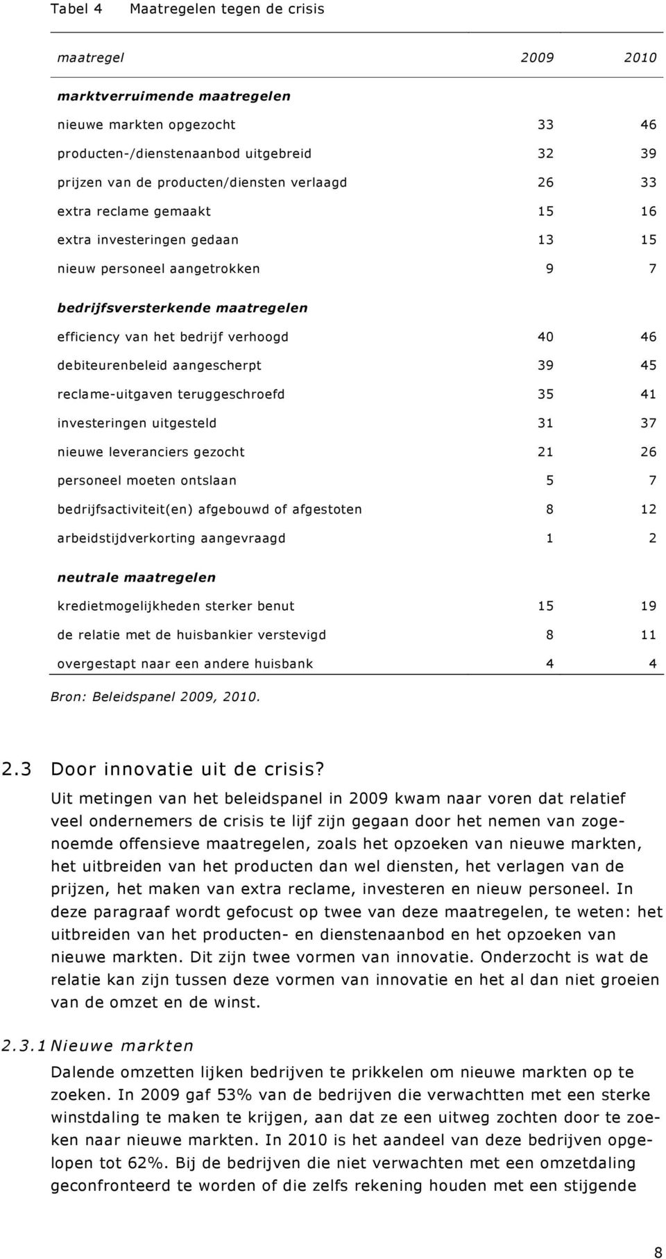 39 45 reclame-uitgaven teruggeschroefd 35 41 investeringen uitgesteld 31 37 nieuwe leveranciers gezocht 21 26 personeel moeten ontslaan 5 7 bedrijfsactiviteit(en) afgebouwd of afgestoten 8 12