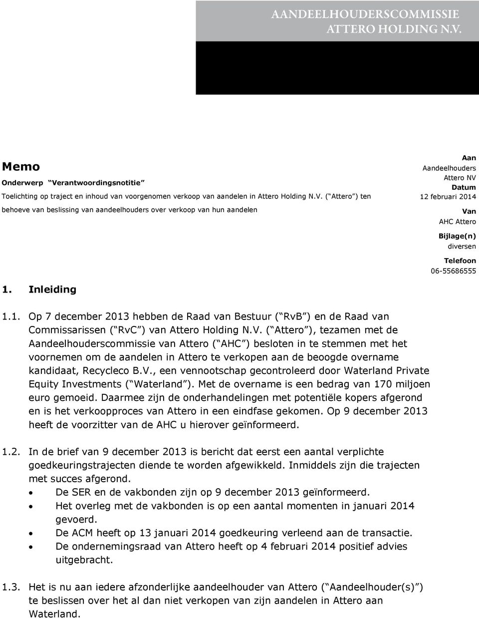 ( Attero ) ten behoeve van beslissing van aandeelhouders over verkoop van hun aandelen Aan Aandeelhouders Attero NV Datum 12 februari 2014 Van AHC Attero Bijlage(n) diversen Telefoon 06-55686555 1.