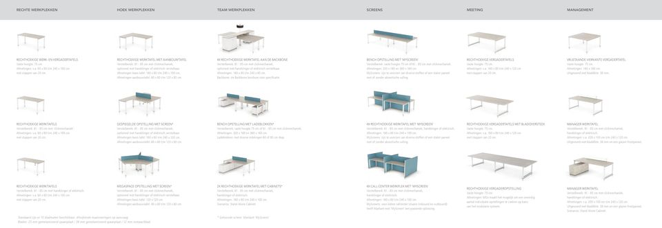 4X RECHTHOEKIGE WERKTAFEL AAN DE BACKBONE optioneel met handslinger of elektrisch verstelbaar. Afmetingen: 160 x 80 t/m 240 x 80 cm. Backbone: zie Backbone brochure voor specificatie.