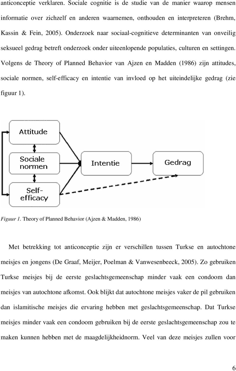 Volgens de Theory of Planned Behavior van Ajzen en Madden (1986) zijn attitudes, sociale normen, self-efficacy en intentie van invloed op het uiteindelijke gedrag (zie figuur 1). Figuur 1.