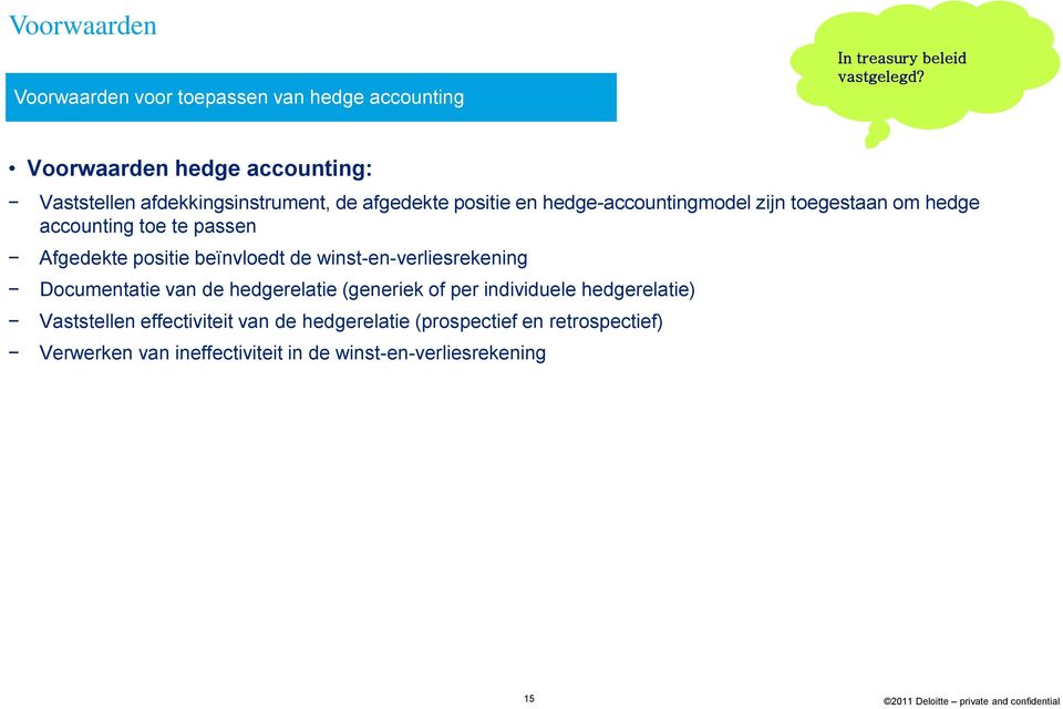 hedge accounting toe te passen Afgedekte positie beïnvloedt de winst-en-verliesrekening Documentatie van de hedgerelatie (generiek