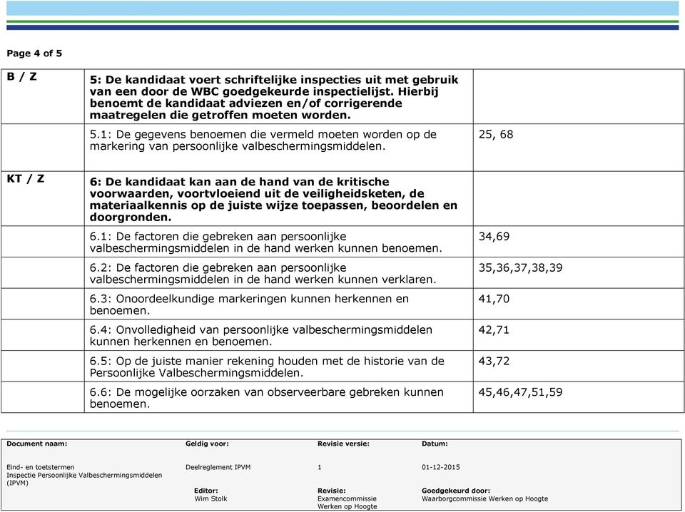 1: De gegevens benoemen die vermeld moeten worden op de markering van persoonlijke valbeschermingsmiddelen.