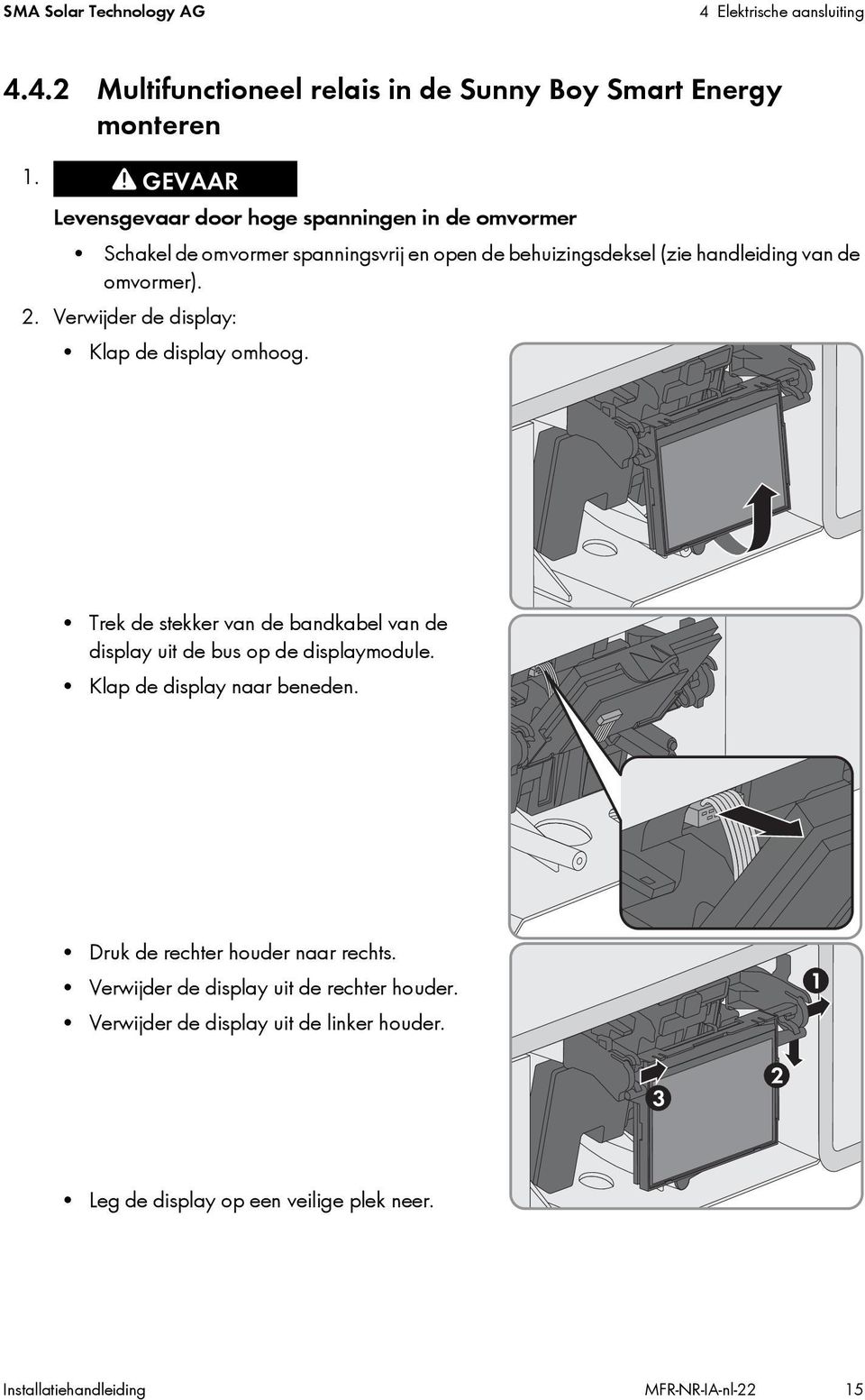 Verwijder de display: Klap de display omhoog. Trek de stekker van de bandkabel van de display uit de bus op de displaymodule. Klap de display naar beneden.