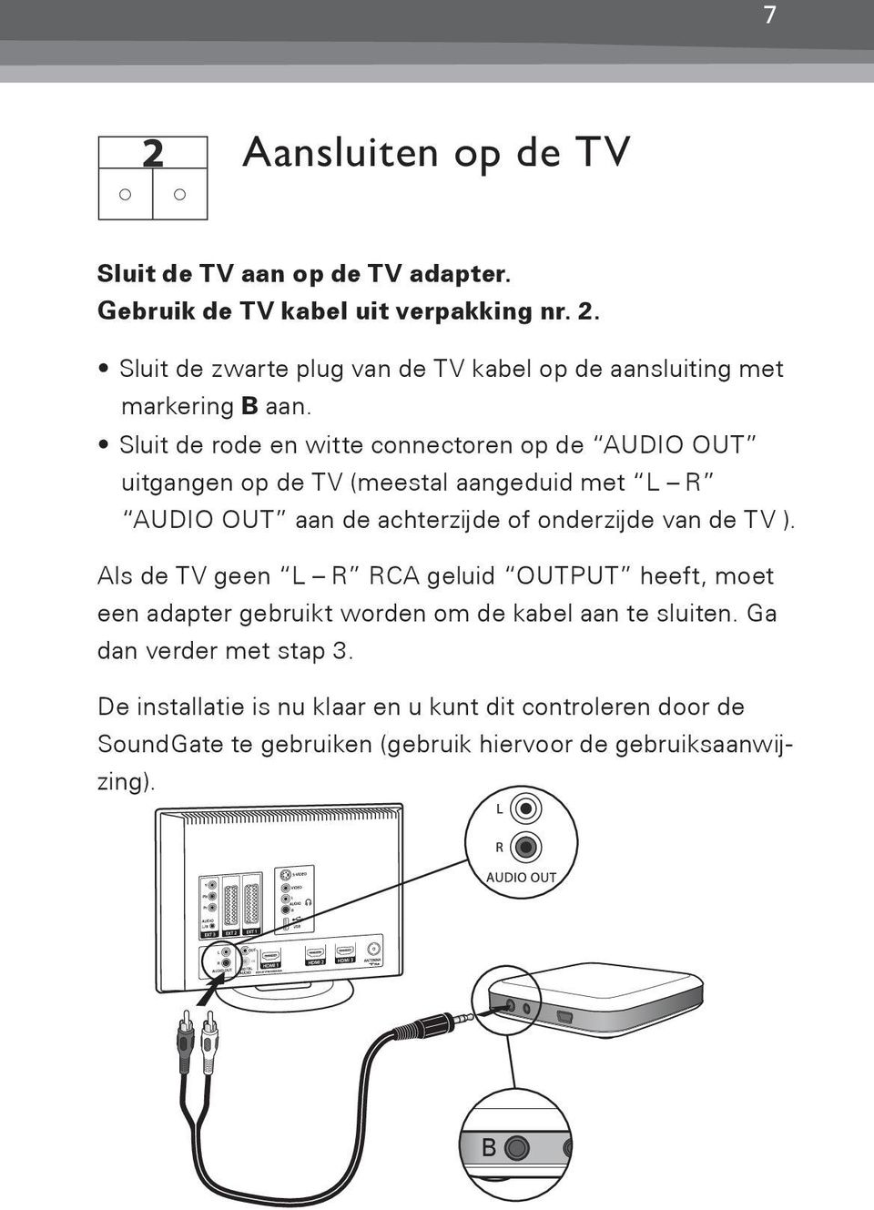 Sluit de rode en witte connectoren op de AUDIO OUT uitgangen op de TV (meestal aangeduid met L R AUDIO OUT aan de achterzijde of onderzijde van de