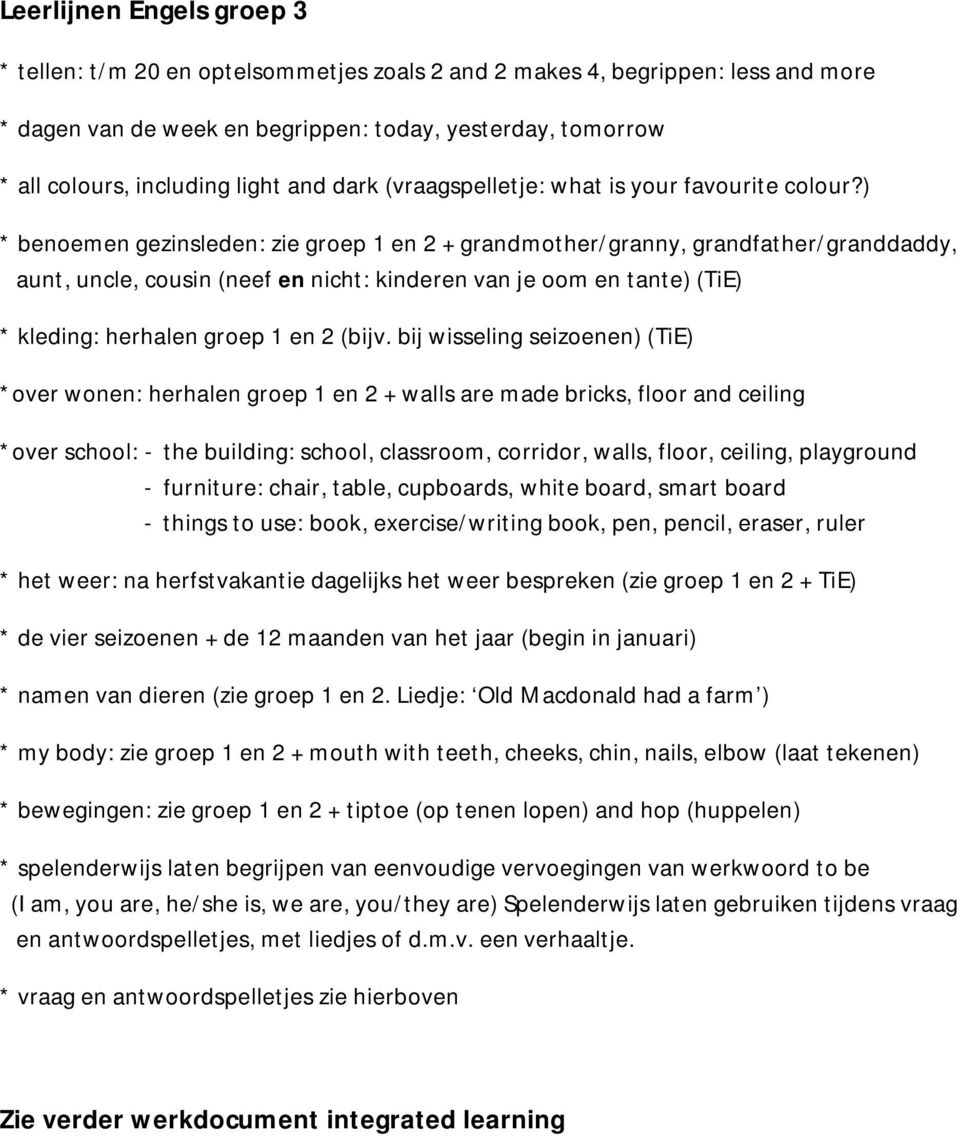 ) * benoemen gezinsleden: zie groep 1 en 2 + grandmother/granny, grandfather/granddaddy, aunt, uncle, cousin (neef en nicht: kinderen van je oom en tante) (TiE) * kleding: herhalen groep 1 en 2 (bijv.