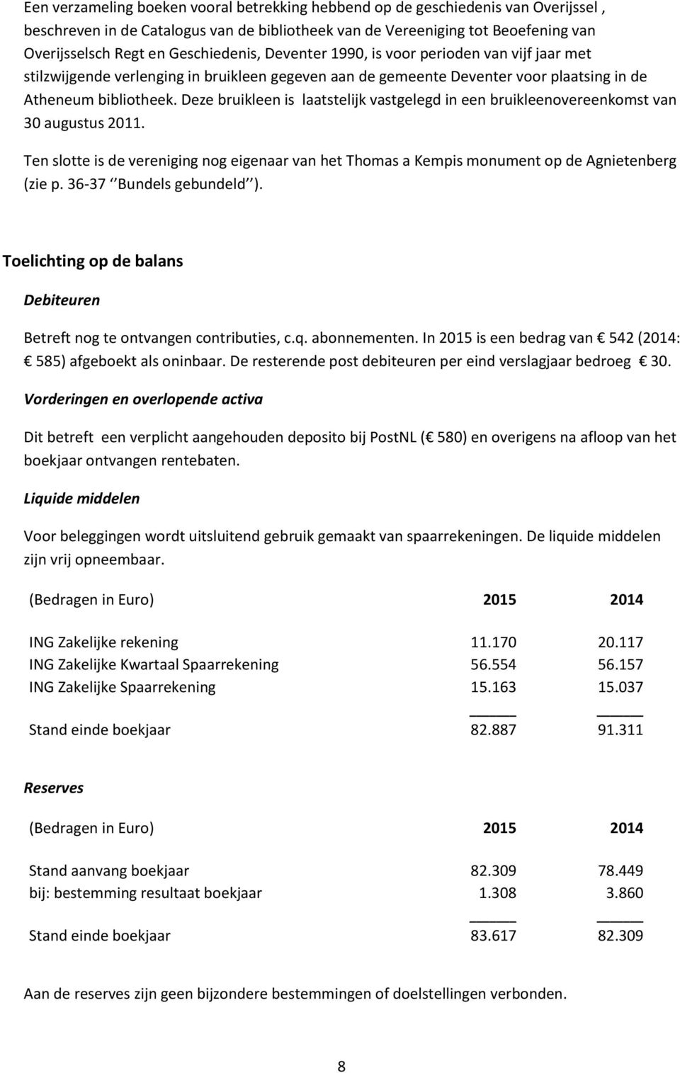 Deze bruikleen is laatstelijk vastgelegd in een bruikleenovereenkomst van 30 augustus 2011. Ten slotte is de vereniging nog eigenaar van het Thomas a Kempis monument op de Agnietenberg (zie p.