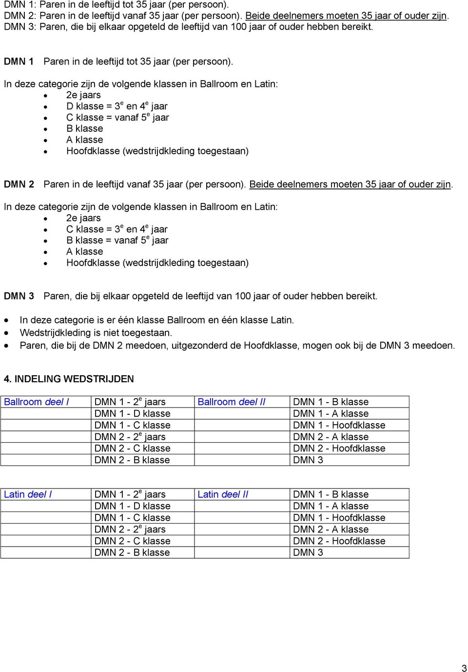 In deze categorie zijn de volgende klassen in Ballroom en Latin: 2e jaars D klasse = 3 e en 4 e jaar C klasse = vanaf 5 e jaar B klasse A klasse Hoofdklasse (wedstrijdkleding toegestaan) DMN 2 Paren