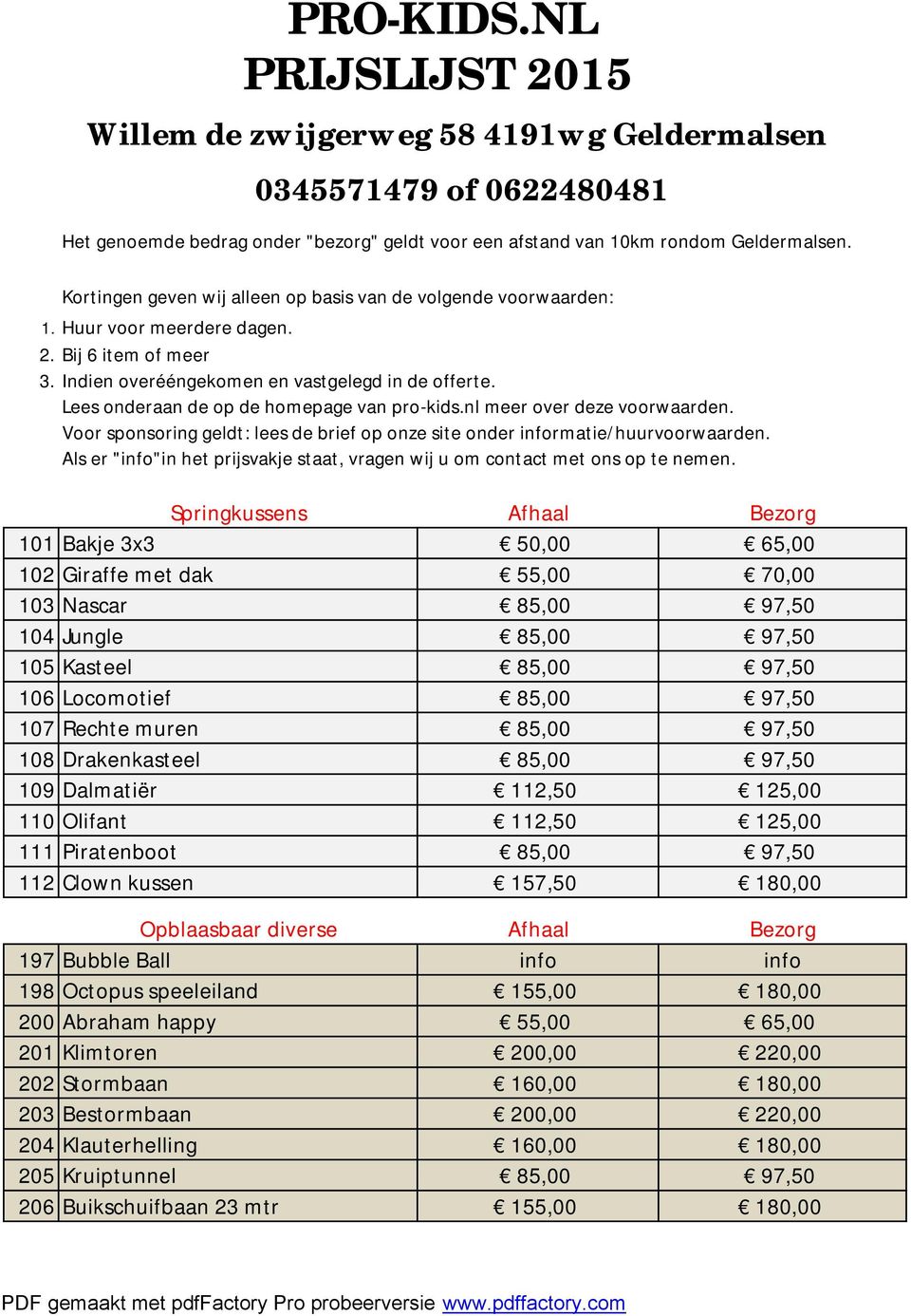 Lees onderaan de op de homepage van pro-kids.nl meer over deze voorwaarden. Voor sponsoring geldt: lees de brief op onze site onder informatie/huurvoorwaarden.