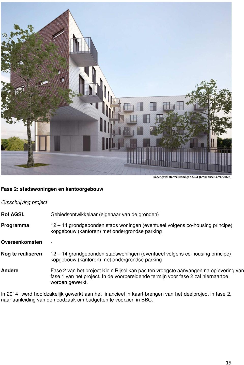 (eventueel volgens co-housing principe) kopgebouw (kantoren) met ondergrondse parking Fase 2 van het project Klein Rijsel kan pas ten vroegste aanvangen na oplevering van fase 1 van het project.