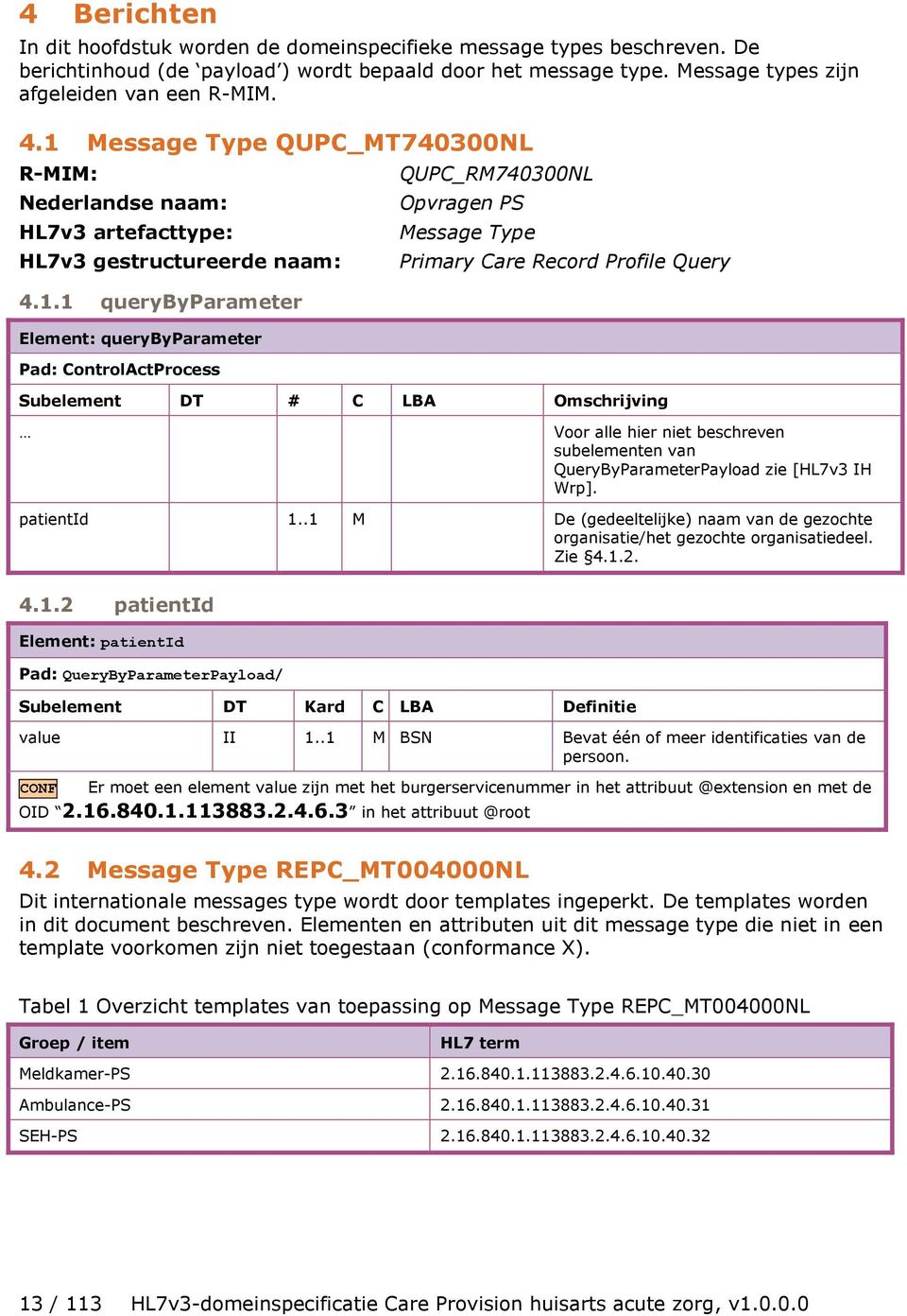 Message Type Primary Care Record Profile Query Subelement DT # C LBA Omschrijving Voor alle hier niet beschreven subelementen van QueryByParameterPayload zie [HL7v3 IH Wrp]. patientid 1.