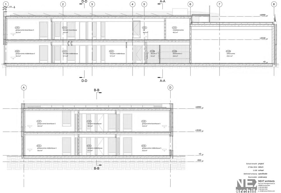 5 m² +0 D-D A-A A B-B D +6990 1.07 groepsruimte bovenbouw 1 55.0 m² 1.02 leerplein bovenbouw 59.5 m² 1.03 groepsruimte bovenbouw 5 55.0 m² +3530 0.51 groepsruimte middenbouw 1 55.0 m² 0.