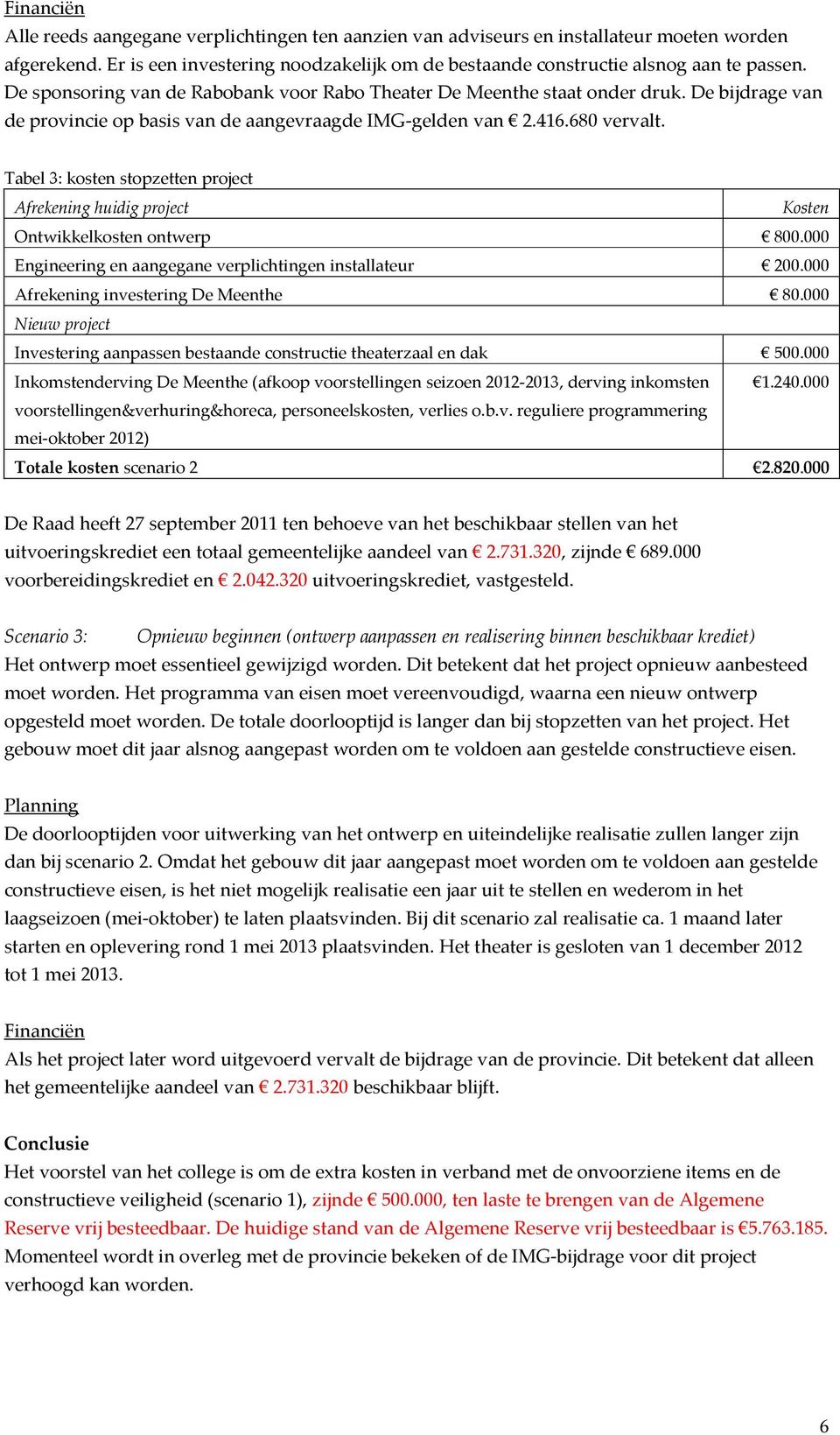 Tabel 3: kosten stopzetten project Afrekening huidig project Kosten Ontwikkelkosten ontwerp 800.000 Engineering en aangegane verplichtingen installateur 200.000 Afrekening investering De Meenthe 80.
