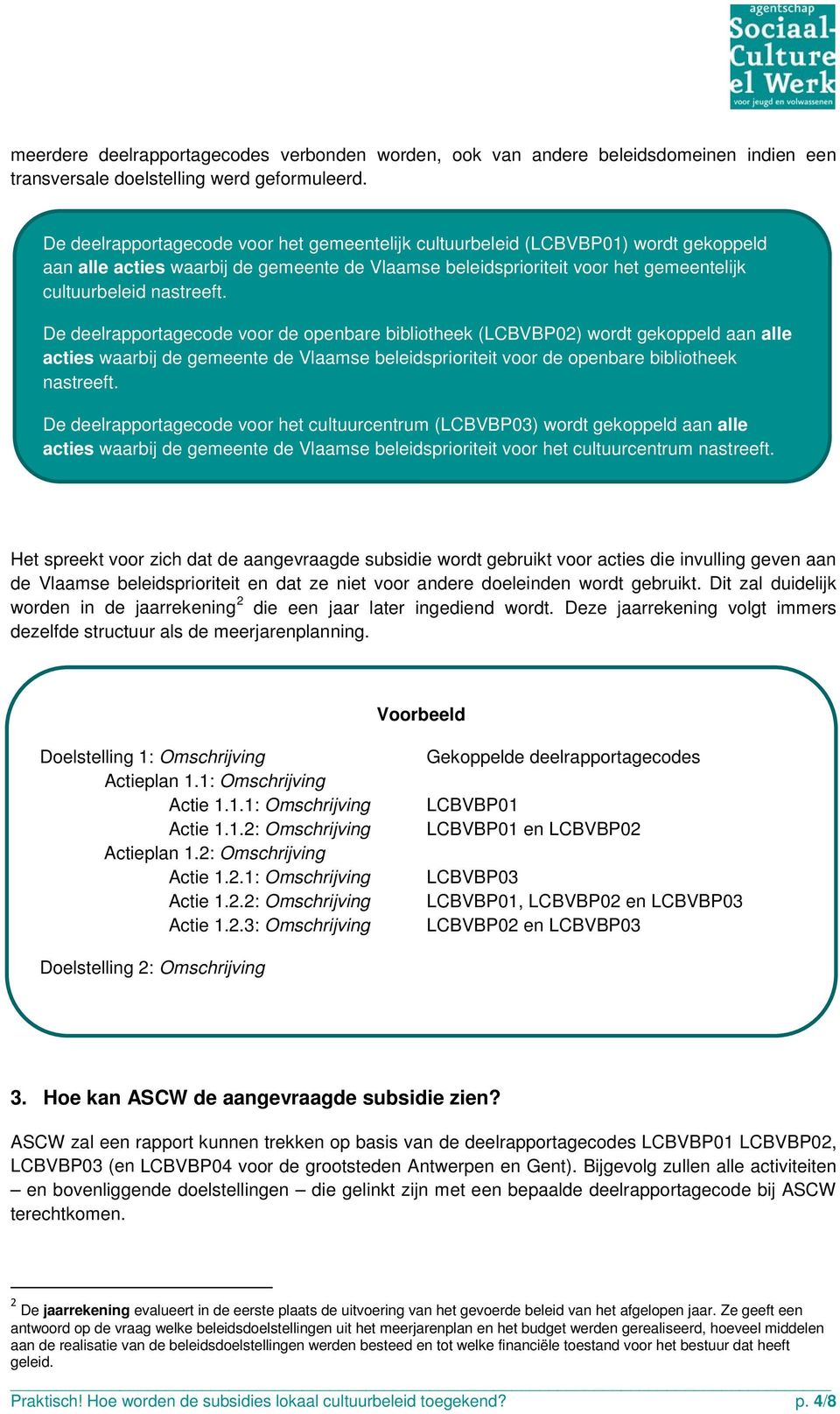 De deelrapportagecode voor de openbare bibliotheek (LCBVBP02) wordt gekoppeld aan alle acties waarbij de gemeente de Vlaamse beleidsprioriteit voor de openbare bibliotheek nastreeft.