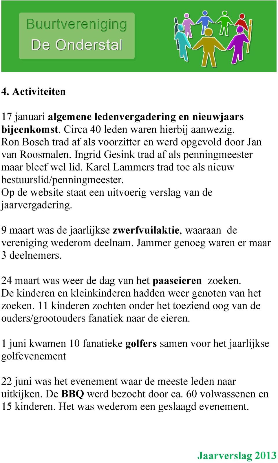 9 maart was de jaarlijkse zwerfvuilaktie, waaraan de vereniging wederom deelnam. Jammer genoeg waren er maar 3 deelnemers. 24 maart was weer de dag van het paaseieren zoeken.