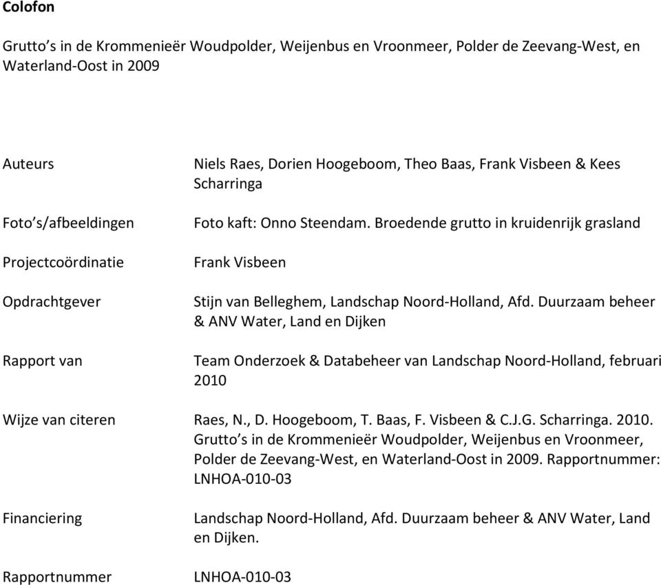Duurzaam beheer & ANV Water, Land en Dijken Team Onderzoek & Databeheer van Landschap Noord-Holland, februari 2010 Wijze van citeren Raes, N., D. Hoogeboom, T. Baas, F. Visbeen & C.J.G. Scharringa.