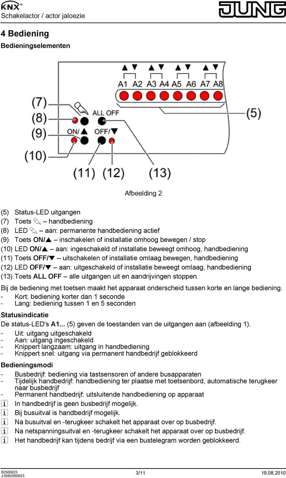 installatie beweegt omlaag, handbediening (13) Toets ALL OFF alle uitgangen uit en aandrijvingen stoppen. Bij de bediening met toetsen maakt het apparaat onderscheid tussen korte en lange bediening.