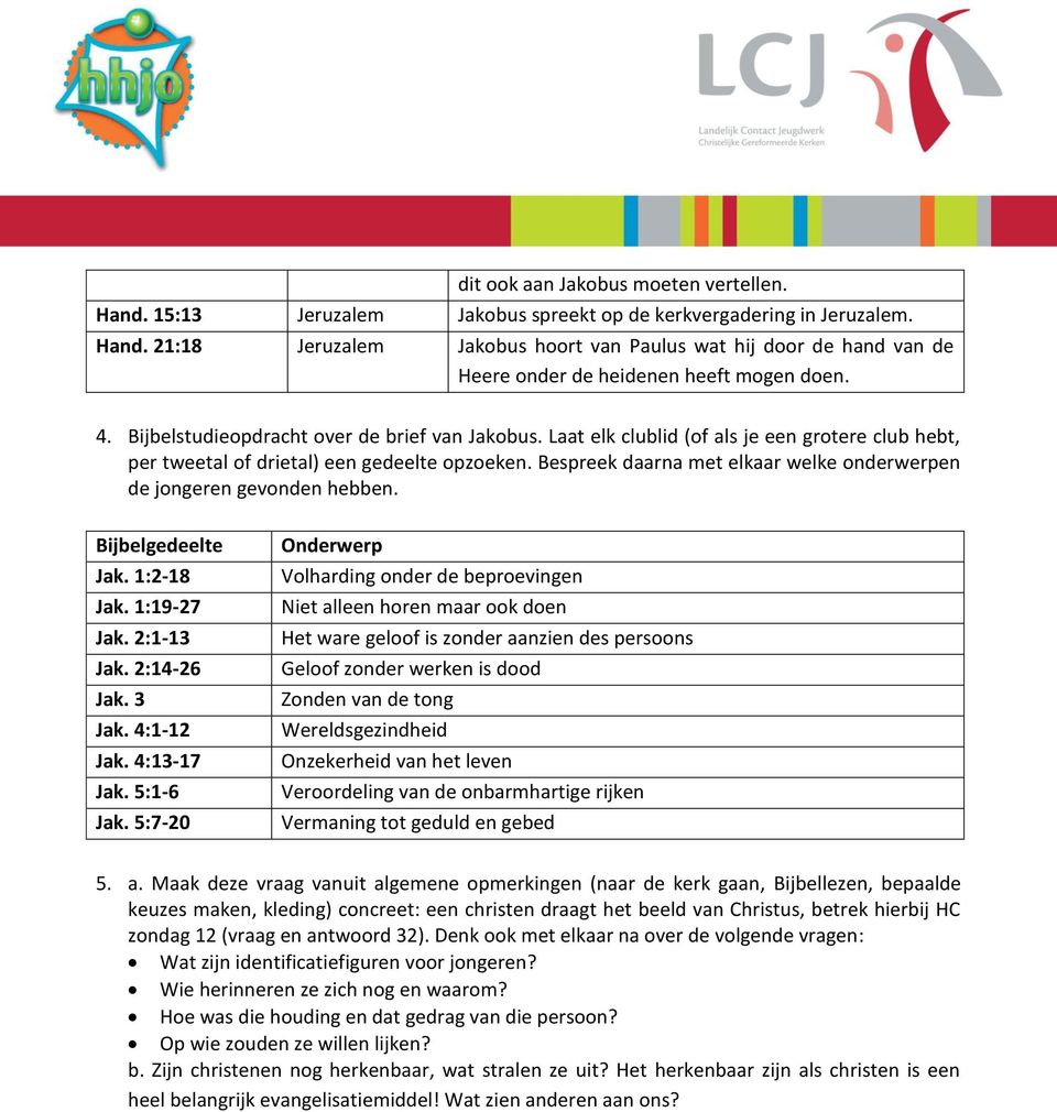 Bespreek daarna met elkaar welke onderwerpen de jongeren gevonden hebben. Bijbelgedeelte Jak. 1:2-18 Jak. 1:19-27 Jak. 2:1-13 Jak. 2:14-26 Jak. 3 Jak. 4:1-12 Jak. 4:13-17 Jak. 5:1-6 Jak.