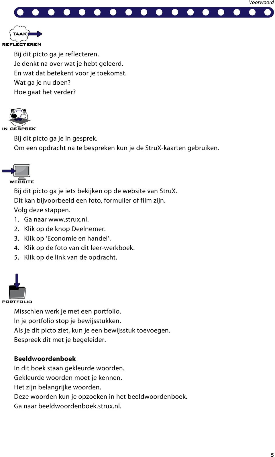 1. Ga naar www.strux.nl. 2. Klik op de knop Deelnemer. 3. Klik op Economie en handel. 4. Klik op de foto van dit leer-werkboek. 5. Klik op de link van de opdracht. Misschien werk je met een portfolio.