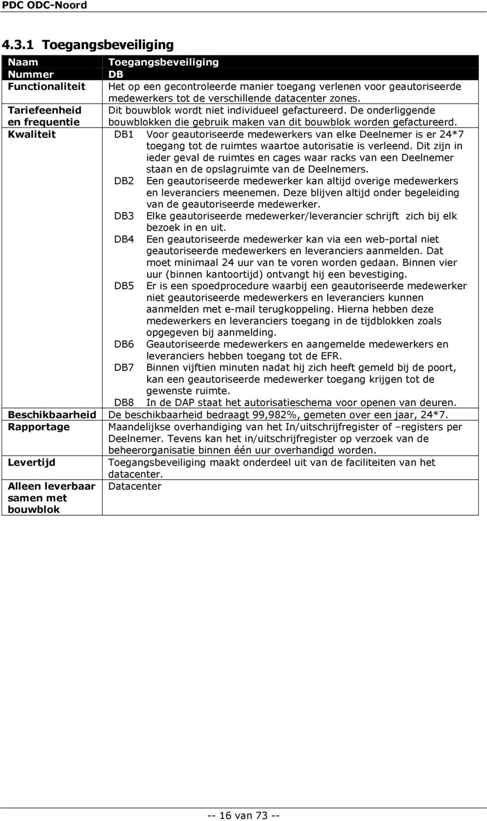 Kwaliteit DB1 Voor geautoriseerde medewerkers van elke Deelnemer is er 24*7 toegang tot de ruimtes waartoe autorisatie is verleend.