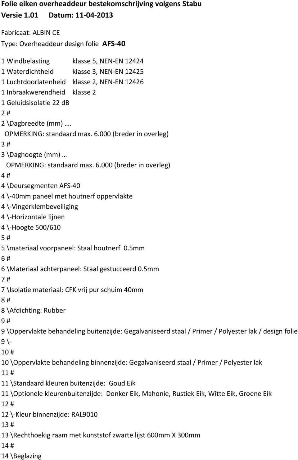 12426 1 Inbraakwerendheid klasse 2 1 Geluidsisolatie 22 db 2 # 2 \Dagbreedte (mm).