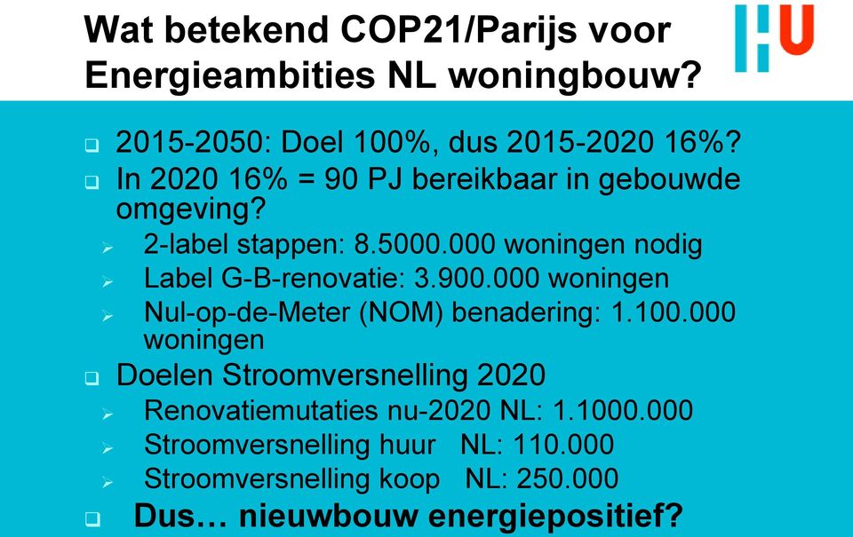 000 woningen nodig Label G-B-renovatie: 3.900.000 woningen Nul-op-de-Meter (NOM) benadering: 1.100.