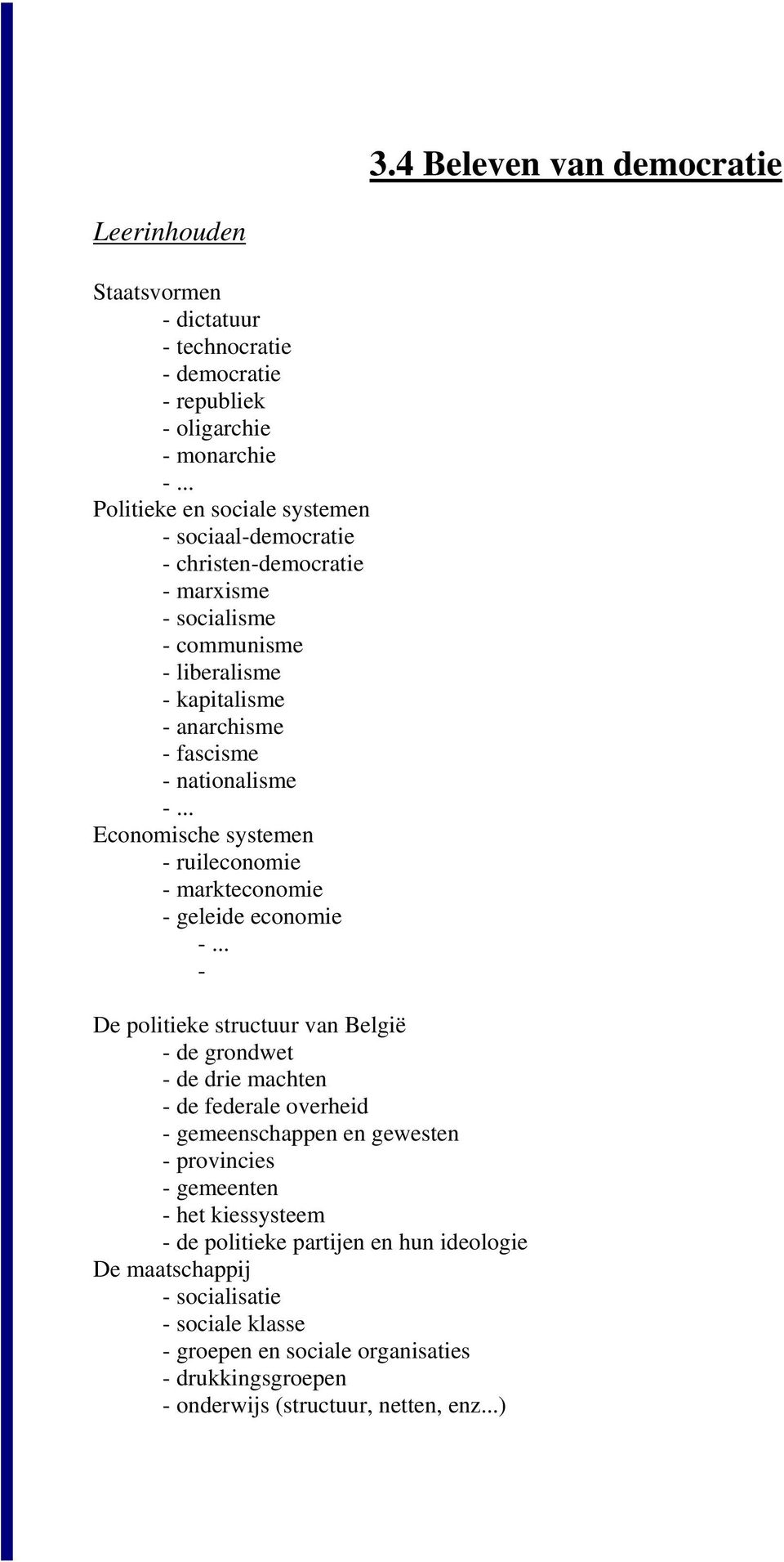 geleide economie - De politieke structuur van België - de grondwet - de drie machten - de federale overheid - gemeenschappen en gewesten - provincies - gemeenten - het kiessysteem