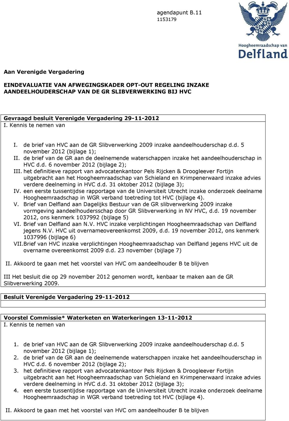 Kennis te nemen van I. de brief van HVC aan de GR Slibverwerking 2009 inzake aandeelhouderschap d.d. 5 november 2012 (bijlage 1); II.