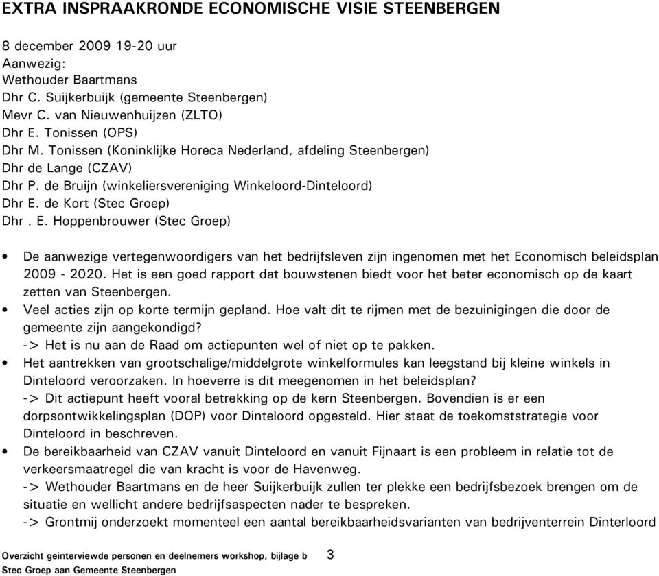 E. Hoppenbrouwer (Stec Groep) De aanwezige vertegenwoordigers van het bedrijfsleven zijn ingenomen met het Economisch beleidsplan 2009-2020.