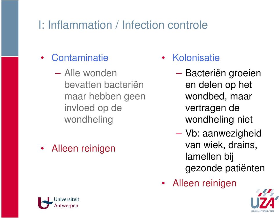 Kolonisatie Bacteriën groeien en delen op het wondbed, maar vertragen de