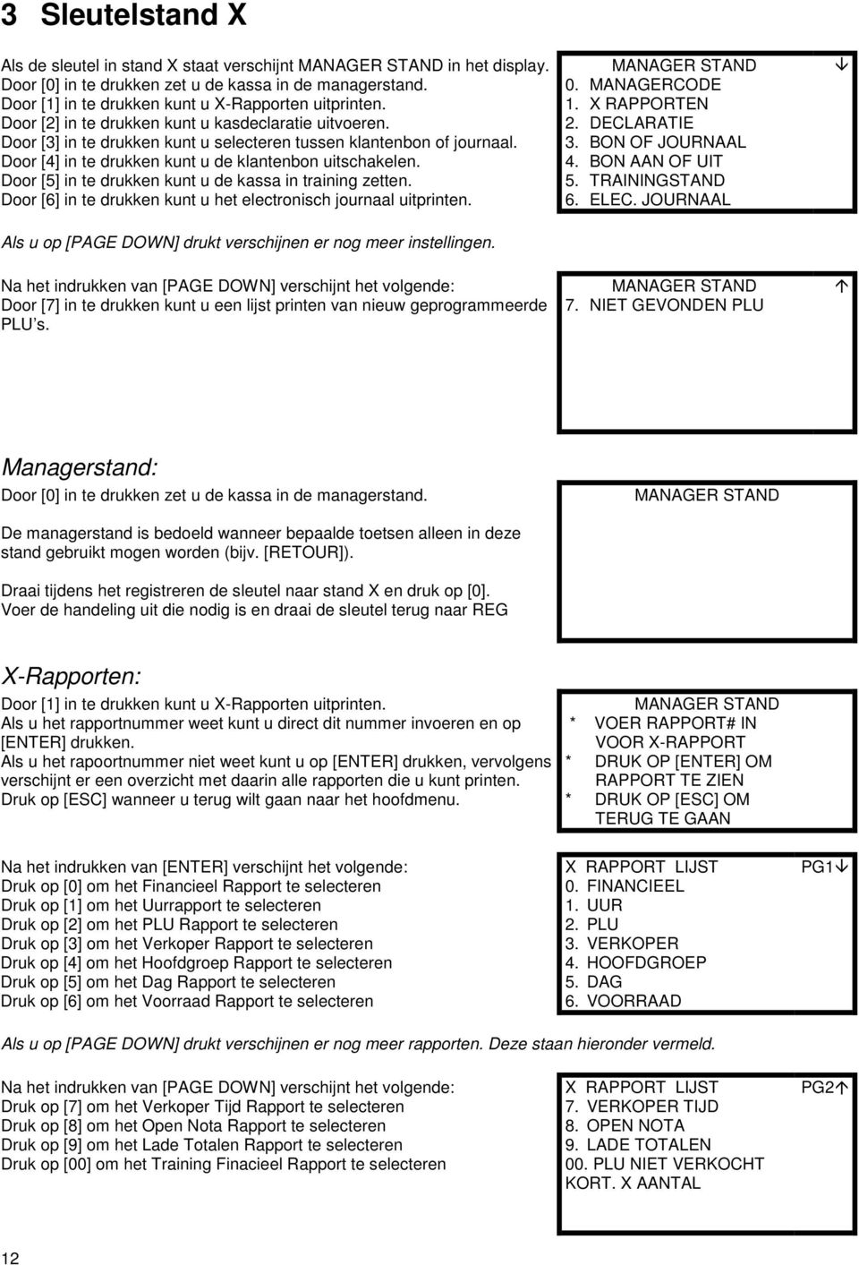 Door [5] in te drukken kunt u de kassa in training zetten. Door [6] in te drukken kunt u het electronisch journaal uitprinten. MAAGER STAD. MAAGERCODE 1. X RAPPORTE 2. DECLARATIE 3. BO OF OURAAL 4.