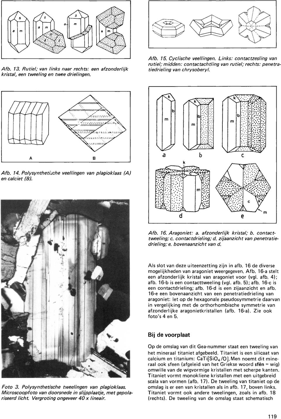 contactdrieling; d. zijaanzicht van penetratiedrieling; e. bovenaanzicht van d. Als slot van deze uiteenzetting zijn in afb. 16 de diverse mogelijkheden van aragoniet weergegeven. Afb.