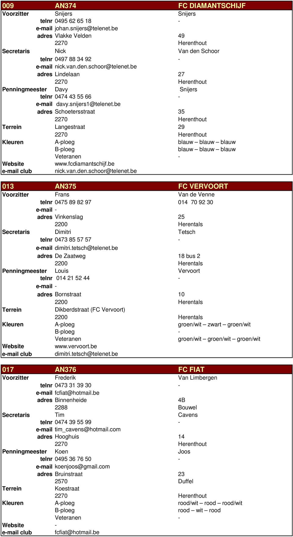 be adres Schoetersstraat 35 Langestraat 29 Kleuren A-ploeg blauw blauw blauw blauw blauw blauw www.fcdiamantschijf.be e-mail club nick.van.den.schoor@telenet.