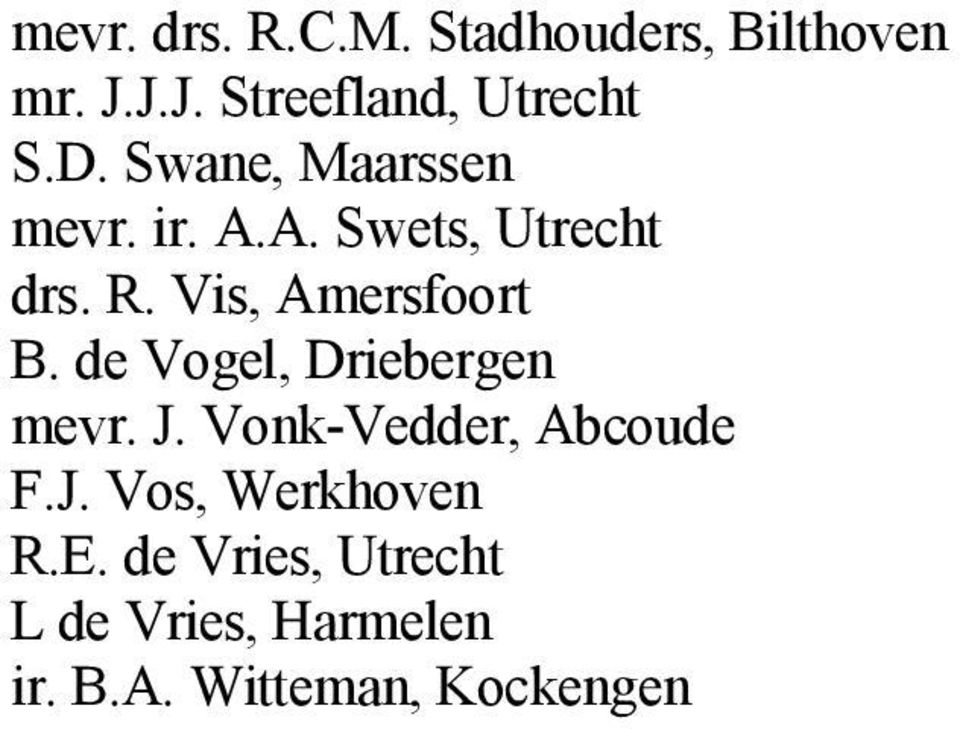 Vis, Amersfoort B. de Vogel, Driebergen mevr. J. Vonk-Vedder, Abcoude F.J. Vos, Werkhoven R.