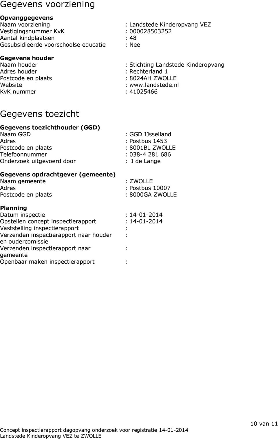 nl KvK nummer : 41025466 Gegevens toezicht Gegevens toezichthouder (GGD) Naam GGD : GGD IJsselland Adres : Postbus 1453 Postcode en plaats : 8001BL ZWOLLE Telefoonnummer : 038-4 281 686 Onderzoek