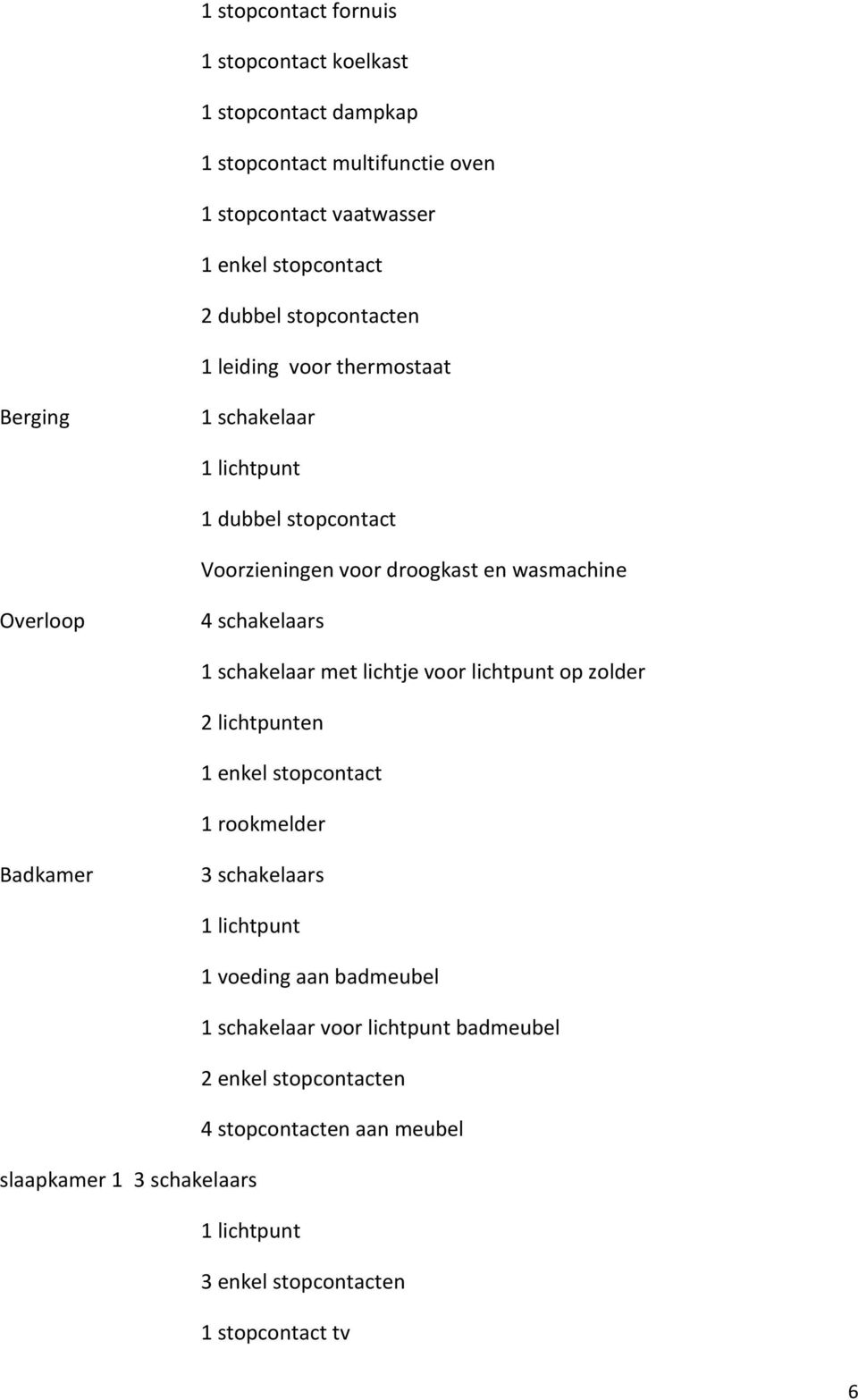 schakelaars 1 schakelaar met lichtje voor lichtpunt op zolder 2 lichtpunten 1 enkel stopcontact 1 rookmelder Badkamer 3 schakelaars 1 voeding aan