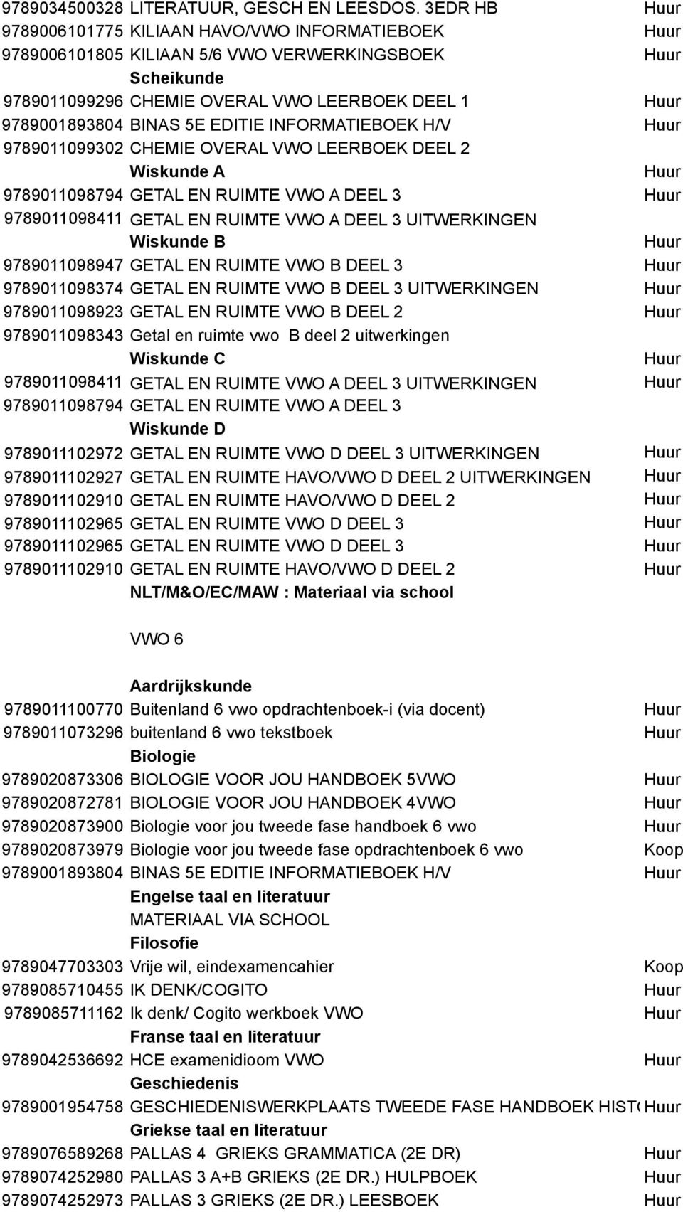 OVERAL VWO LEERBOEK DEEL 2 A Huur 9789011098794 GETAL EN RUIMTE VWO A DEEL 3 Huur 9789011098411 GETAL EN RUIMTE VWO A DEEL 3 UITWERKINGEN B Huur 9789011098947 GETAL EN RUIMTE VWO B DEEL 3 Huur