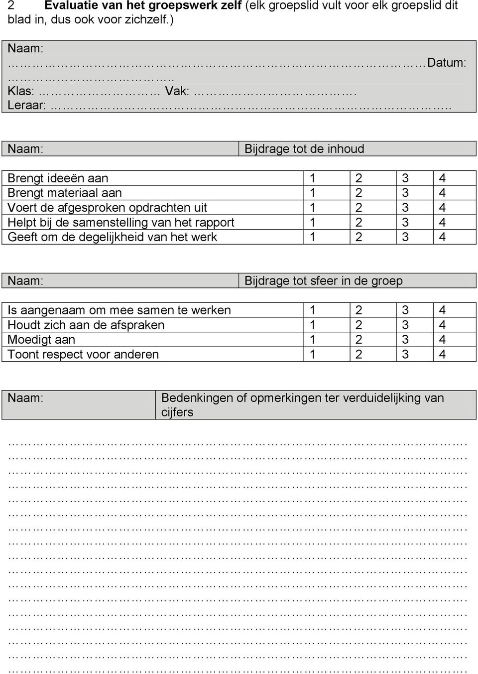 samenstelling van het rapport 1 2 3 4 Geeft om de degelijkheid van het werk 1 2 3 4 Bijdrage tot sfeer in de groep Is aangenaam om mee samen te