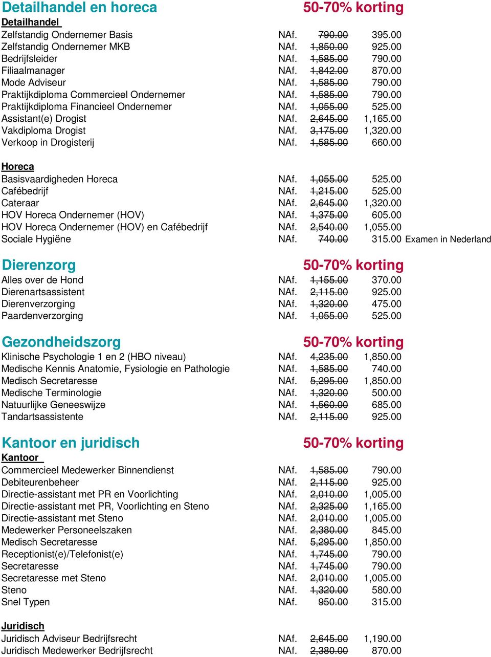 00 1,165.00 Vakdiploma Drogist NAf. 3,175.00 1,320.00 Verkoop in Drogisterij NAf. 1,585.00 660.00 Horeca Basisvaardigheden Horeca NAf. 1,055.00 525.00 Cafébedrijf NAf. 1,215.00 525.00 Cateraar NAf.