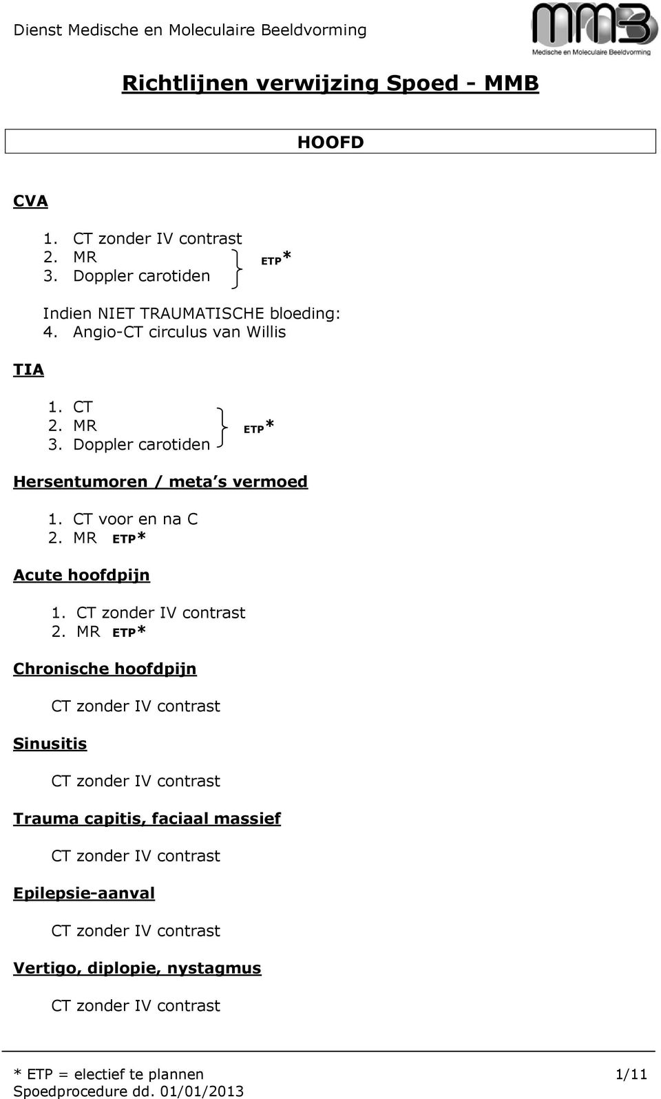 Doppler carotiden Hersentumoren / meta s vermoed 1. voor en na C Acute hoofdpijn 1.