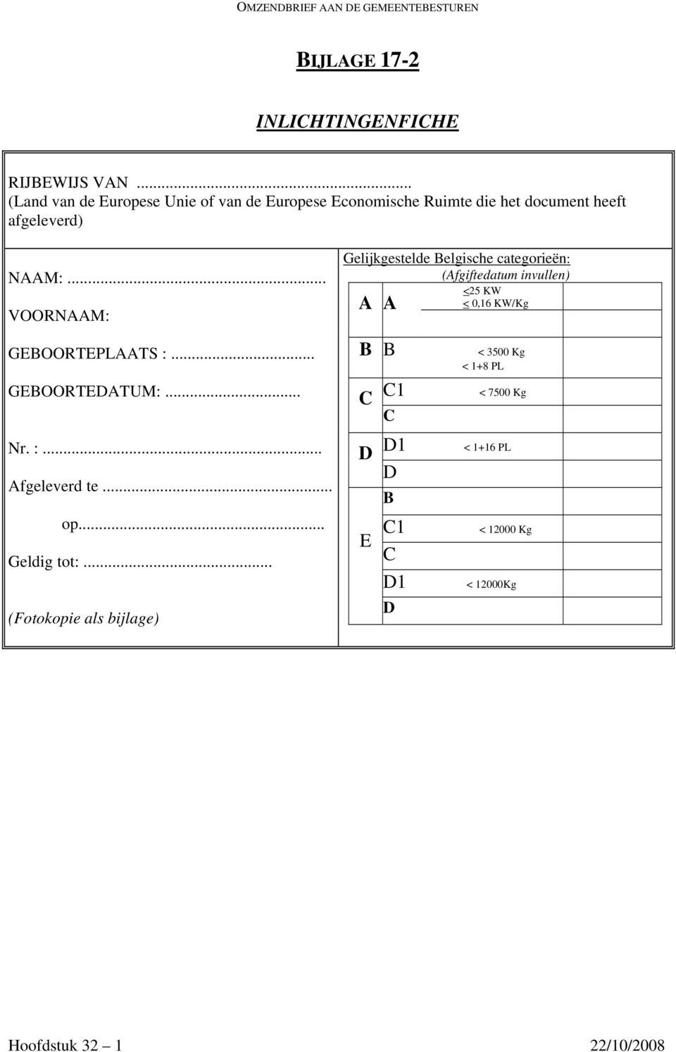 .. VOORNAAM: GEBOORTEPLAATS :... GEBOORTEDATUM:... Nr. :... Afgeleverd te... op... Geldig tot:.