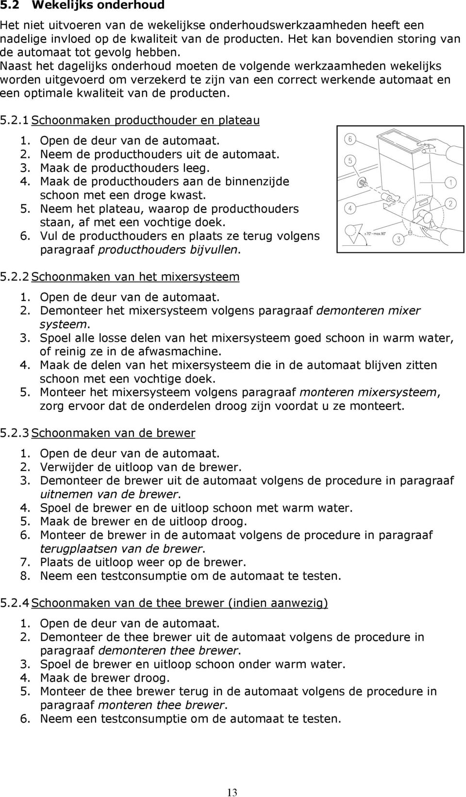 Naast het dagelijks onderhoud moeten de volgende werkzaamheden wekelijks worden uitgevoerd om verzekerd te zijn van een correct werkende automaat en een optimale kwaliteit van de producten. 5.2.