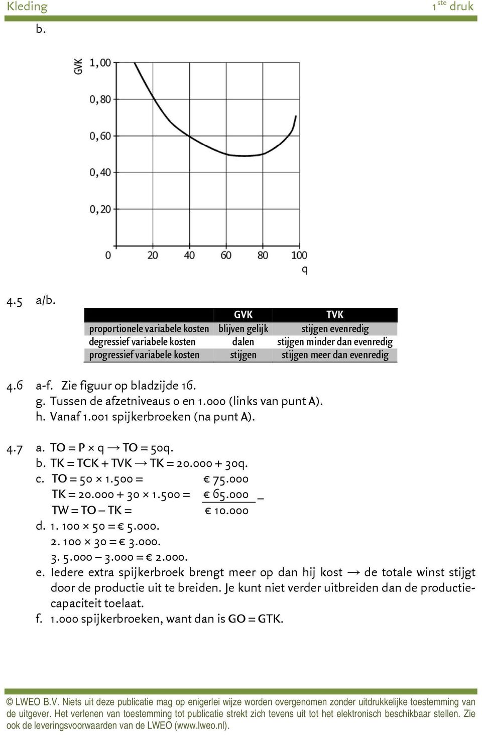 evenredig 4.6 a-f. Zie figuur op bladzijde 16. g. Tussen de afzetniveaus 0 en 1.000 (links van punt A). h. Vanaf 1.001 spijkerbroeken (na punt A). 4.7 a. TO = P q TO = 50q. b. TK = TCK + TVK TK = 20.