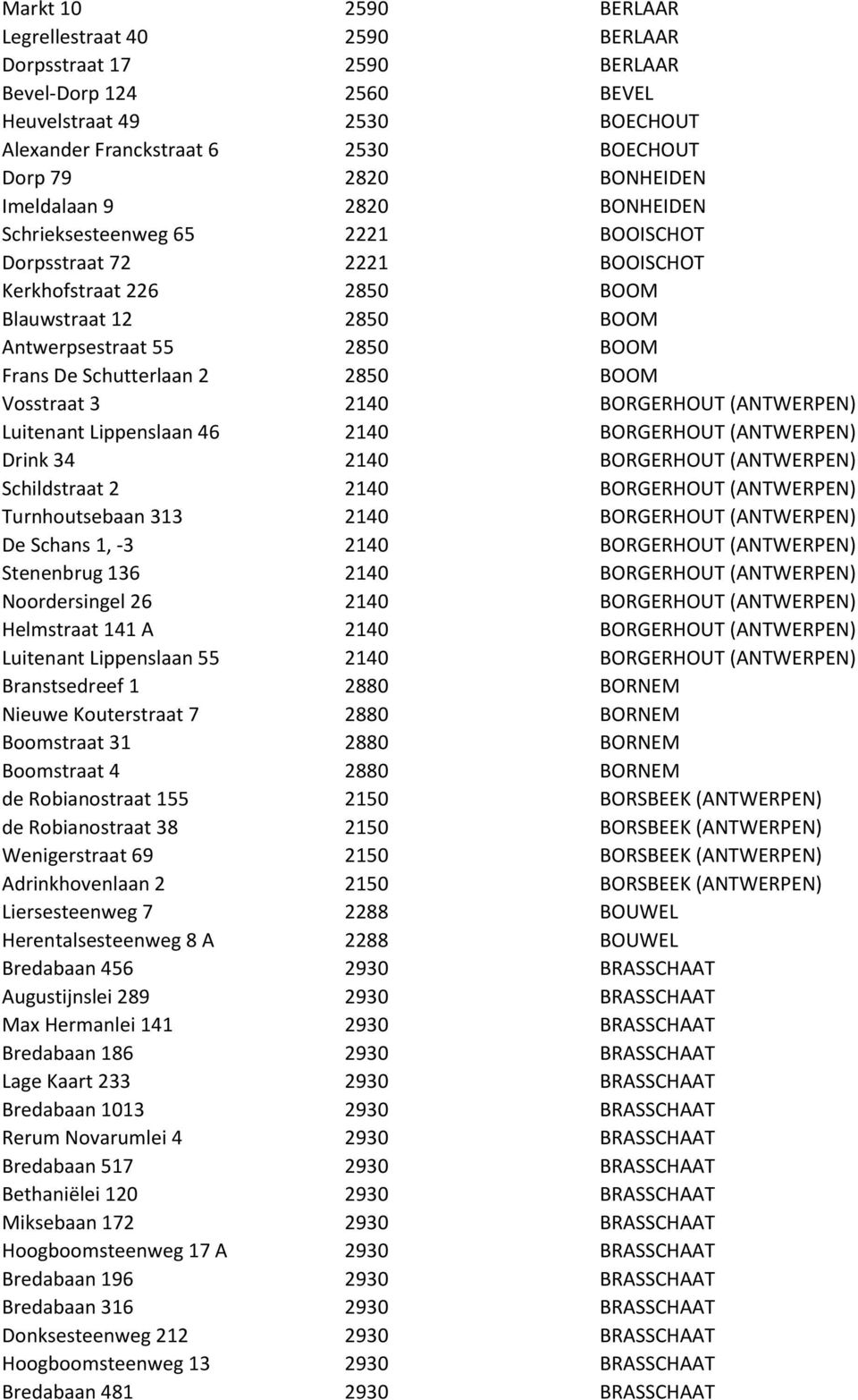 2850 BOOM Vosstraat 3 2140 BORGERHOUT (ANTWERPEN) Luitenant Lippenslaan 46 2140 BORGERHOUT (ANTWERPEN) Drink 34 2140 BORGERHOUT (ANTWERPEN) Schildstraat 2 2140 BORGERHOUT (ANTWERPEN) Turnhoutsebaan