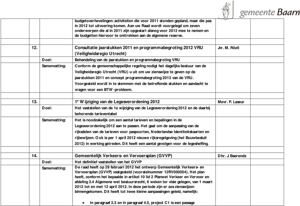 Consultatie jaarstukken 2011 en programmabegroting 2012 VRU (Veiligheidsregio Utrecht) Behandeling van de jaarstukken en programmabegroting VRU Samenvatting: Conform de gemeenschappelijke regeling