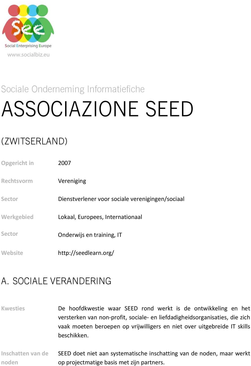 sociale verenigingen/sociaal Lokaal, Europees, Internationaal Onderwijs en training, IT http://seedlearn.org/ A.