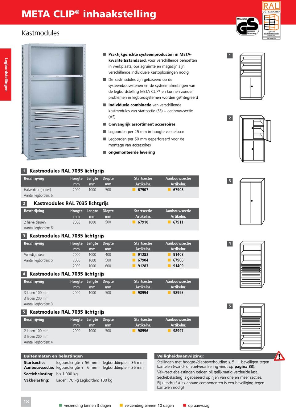 legbordsystemen worden geïntegreerd Individuele combinatie van verschillende kastmodules van startsectie (SS) + aanbouwsectie (AS) Omvangrijk assortiment accessoires Legborden per in hoogte