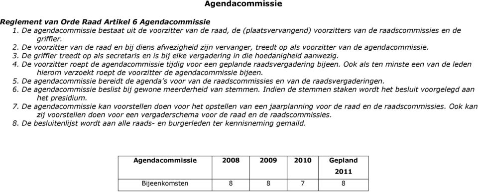 De griffier treedt op als secretaris en is bij elke vergadering in die hoedanigheid aanwezig. 4. De voorzitter roept de agendacommissie tijdig voor een geplande raadsvergadering bijeen.